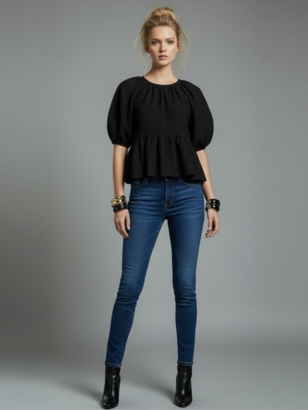 NWT GOEN.J Balloon Sleeve Peplum Black Blouse MSRP $571- Size 4, Zip Back
